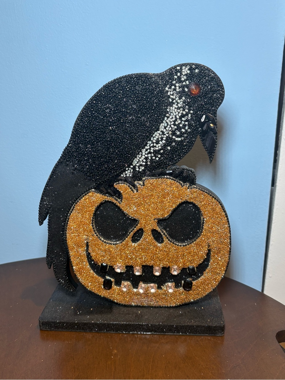 Black Raven on Orange Glitter Jack-O'-Lantern Holiday Accent